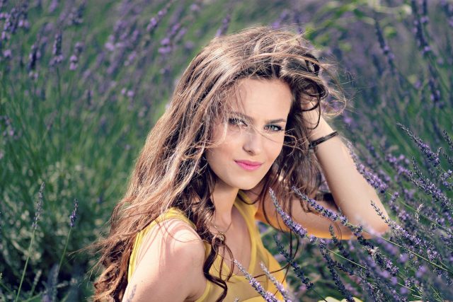 girl, flower background, lavenders, flower wallpaper, flowers, beautiful flowers, model, portrait, brunette, brunette woman, hairstyle, female portrait, modeling, pose, posing, nature